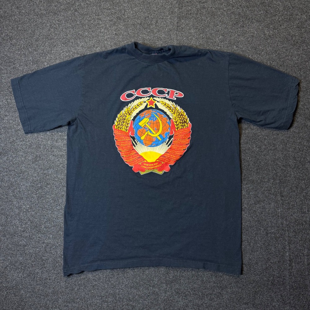 Vintage Lyon CCCP T-Shirt Mens XXL Blue Soviet Union Anthem Graphic Tee USSR